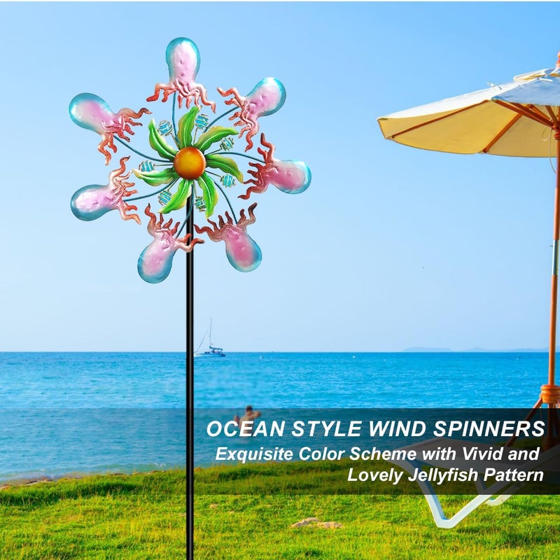 Senflame Jellyfish Wind Spinners - 39" Ocean-Themed Metal Wind Sculptures Garden Stake Art, 13.5” Windmill Yard Kinetic, Outdoor Decor for Patio & Lawn - Metal Beach Sculpture with Jellyfish Design - Image 2